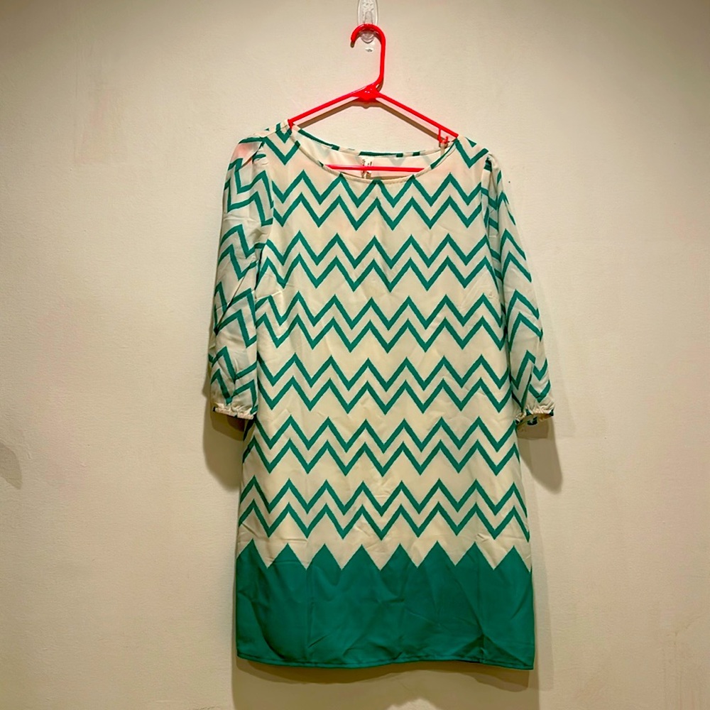 Long Sleeve Cream and Teal Chevron Pink Owl Dress